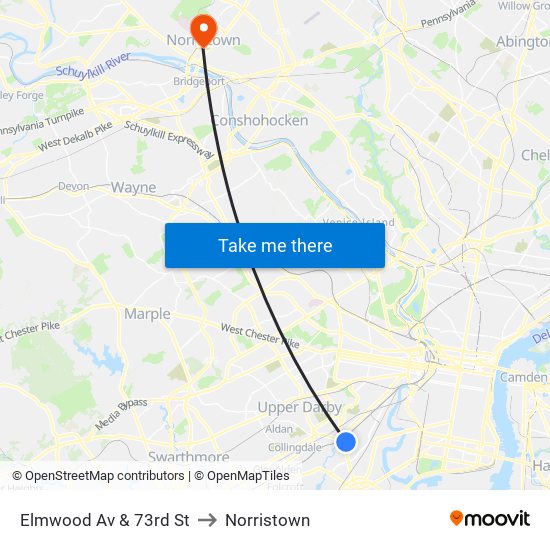 Elmwood Av & 73rd St to Norristown map