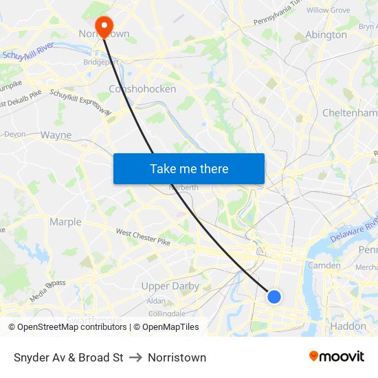 Snyder Av & Broad St to Norristown map