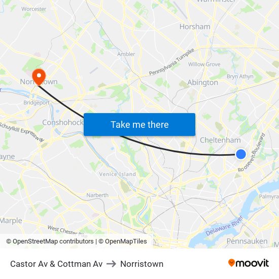 Castor Av & Cottman Av to Norristown map