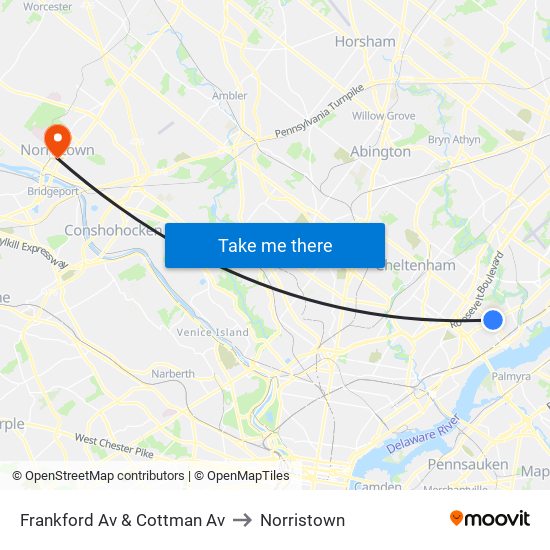 Frankford Av & Cottman Av to Norristown map