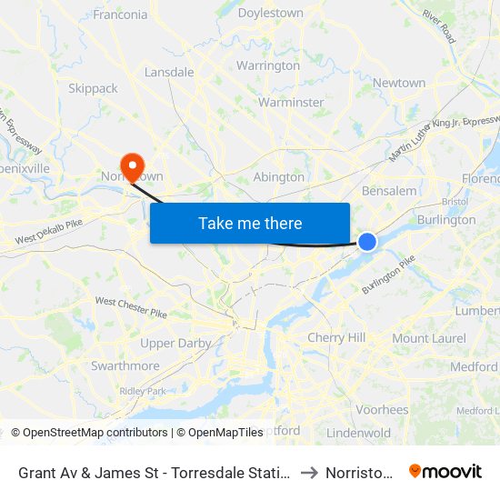Grant Av & James St - Torresdale Station to Norristown map