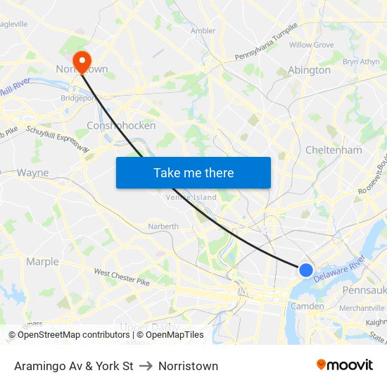 Aramingo Av & York St to Norristown map