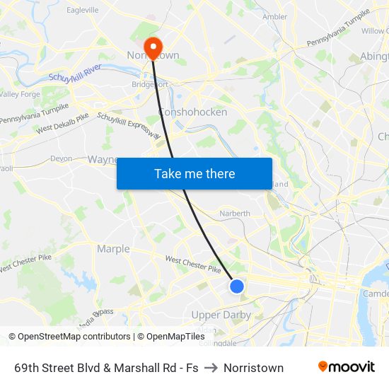 69th Street Blvd & Marshall Rd - Fs to Norristown map