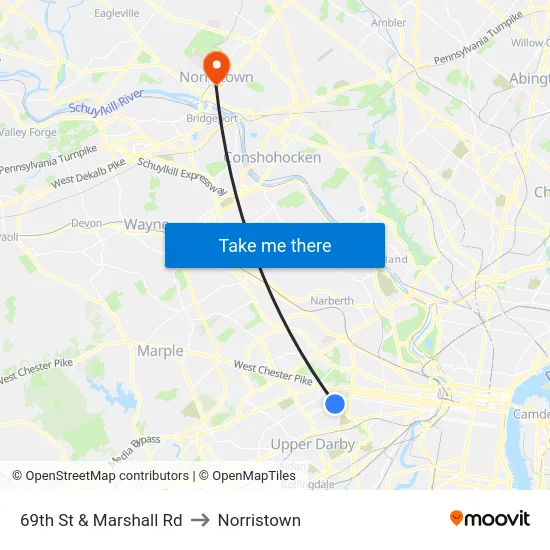 69th St & Marshall Rd to Norristown map