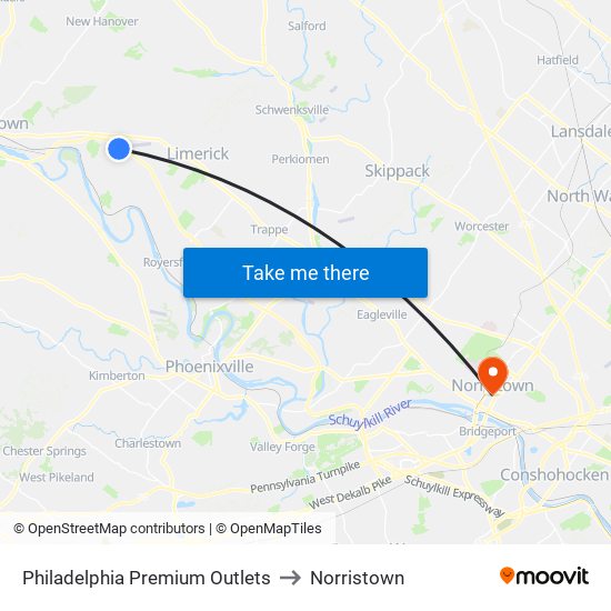 Philadelphia Premium Outlets to Norristown map