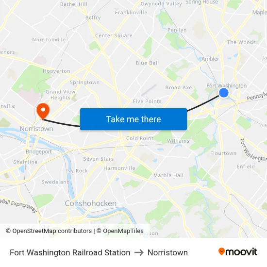Fort Washington Railroad Station to Norristown map