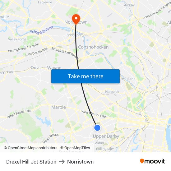 Drexel Hill Jct Station to Norristown map