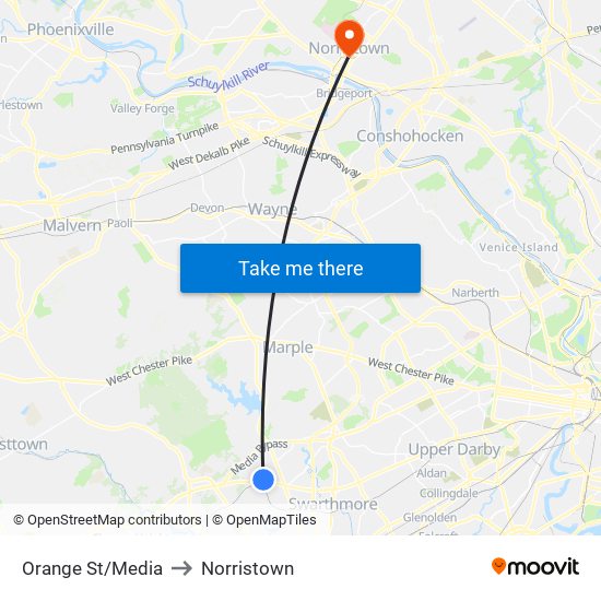 Orange St/Media to Norristown map