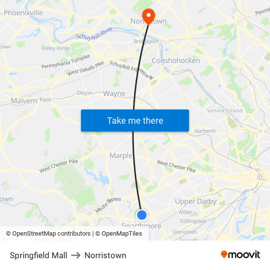 Springfield Mall to Norristown map