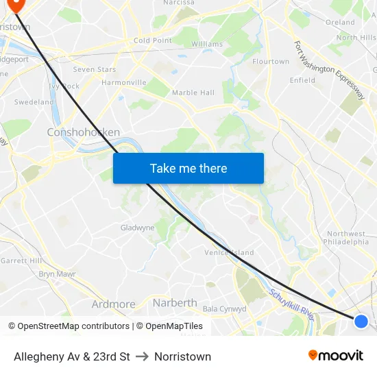 Allegheny Av & 23rd St to Norristown map