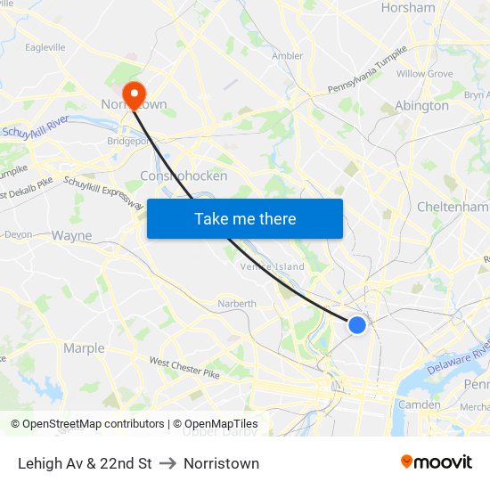 Lehigh Av & 22nd St to Norristown map