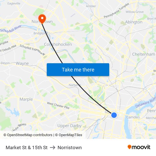 Market St & 15th St to Norristown map