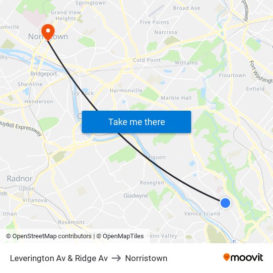 Leverington Av & Ridge Av to Norristown map