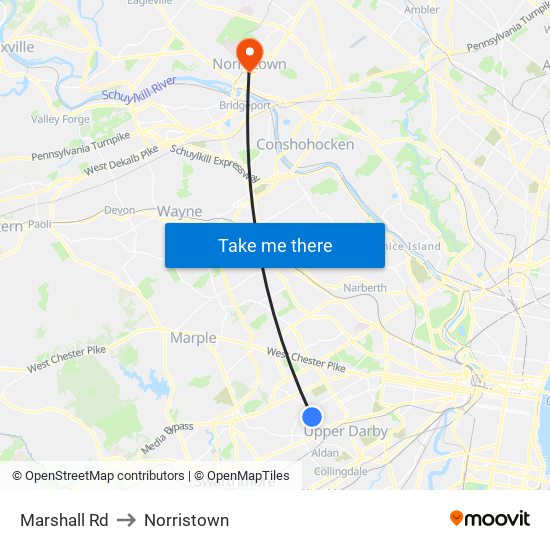 Marshall Rd to Norristown map