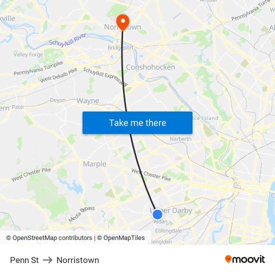 Penn St to Norristown map
