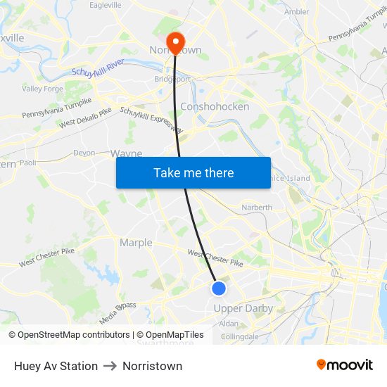 Huey Av Station to Norristown map