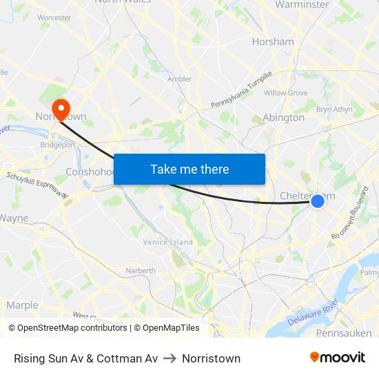 Rising Sun Av & Cottman Av to Norristown map