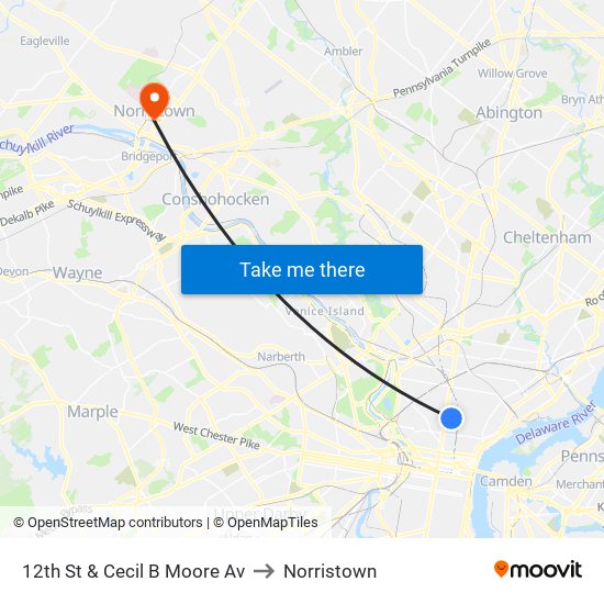 12th St & Cecil B Moore Av to Norristown map