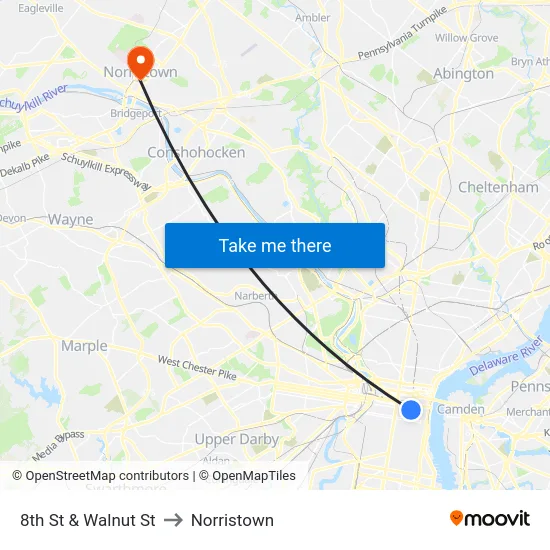 8th St & Walnut St to Norristown map