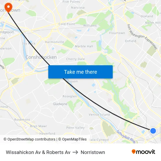 Wissahickon Av & Roberts Av to Norristown map