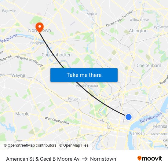 American St & Cecil B Moore Av to Norristown map