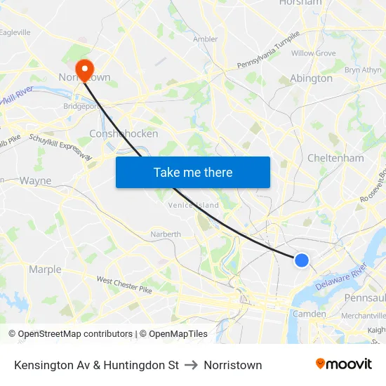 Kensington Av & Huntingdon St to Norristown map