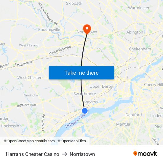 Harrah's Chester Casino to Norristown map