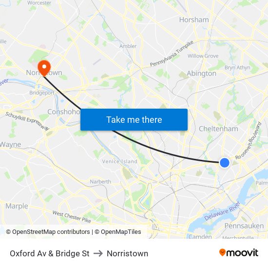 Oxford Av & Bridge St to Norristown map