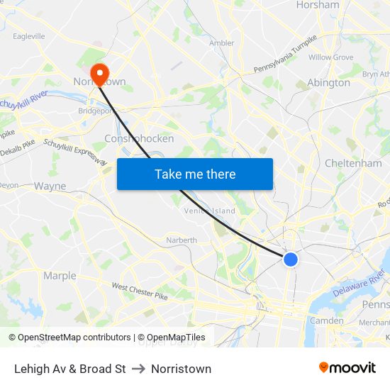 Lehigh Av & Broad St to Norristown map