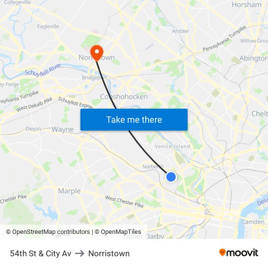 54th St & City Av to Norristown map