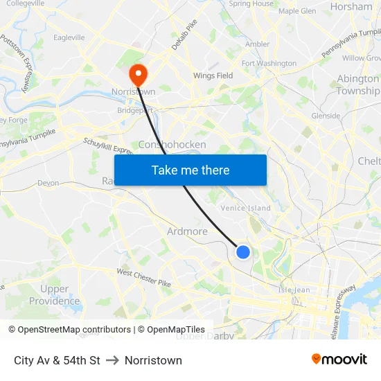 City Av & 54th St to Norristown map