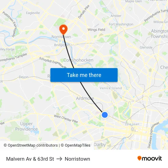 Malvern Av & 63rd St to Norristown map