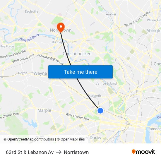 63rd St & Lebanon Av to Norristown map