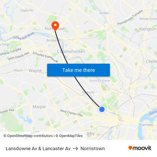 Lansdowne Av & Lancaster Av to Norristown map