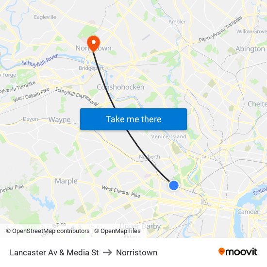 Lancaster Av & Media St to Norristown map