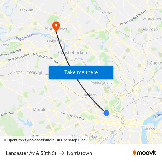 Lancaster Av & 50th St to Norristown map