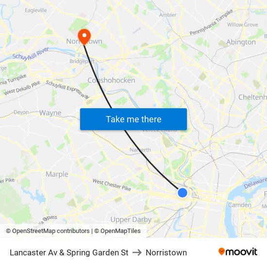 Lancaster Av & Spring Garden St to Norristown map