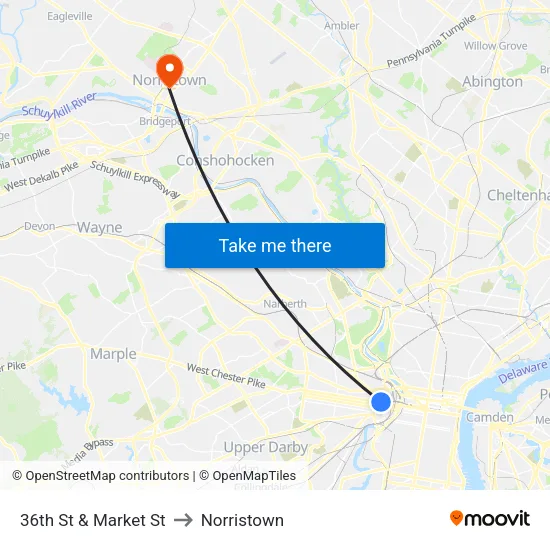 36th St & Market St to Norristown map