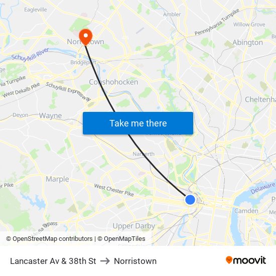 Lancaster Av & 38th St to Norristown map