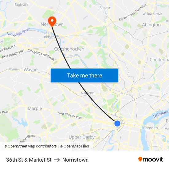 36th St & Market St to Norristown map