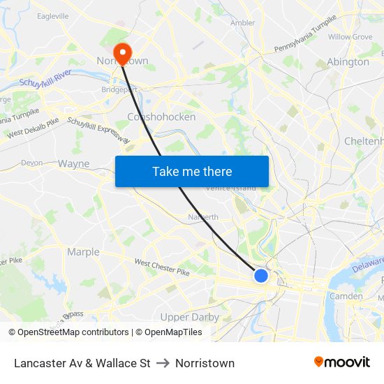 Lancaster Av & Wallace St to Norristown map