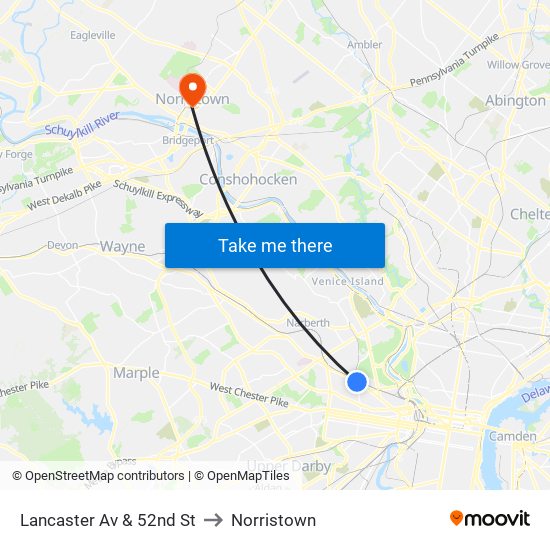 Lancaster Av & 52nd St to Norristown map