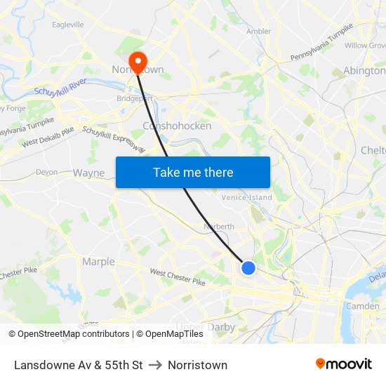 Lansdowne Av & 55th St to Norristown map