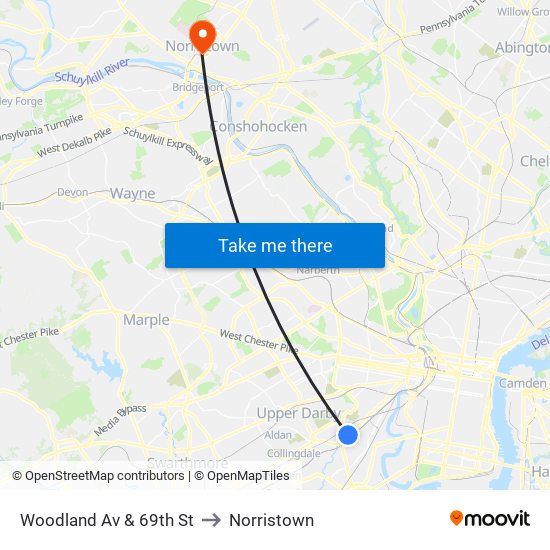 Woodland Av & 69th St to Norristown map
