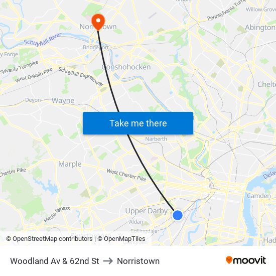 Woodland Av & 62nd St to Norristown map