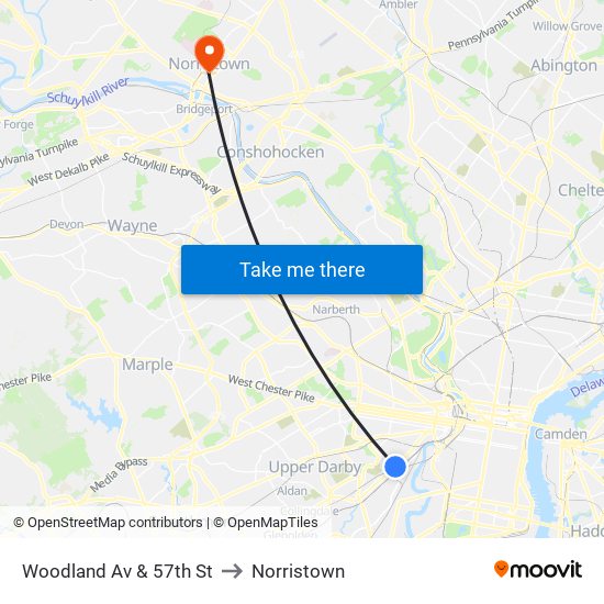 Woodland Av & 57th St to Norristown map