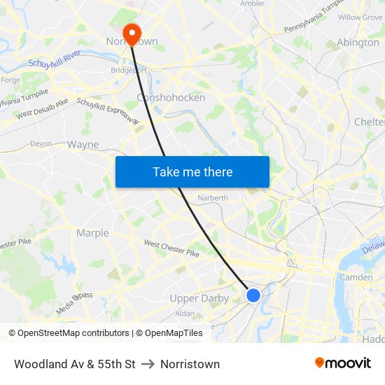 Woodland Av & 55th St to Norristown map