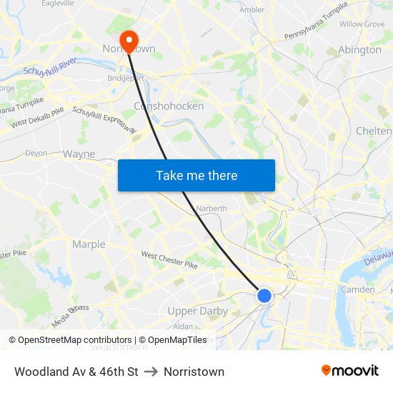 Woodland Av & 46th St to Norristown map