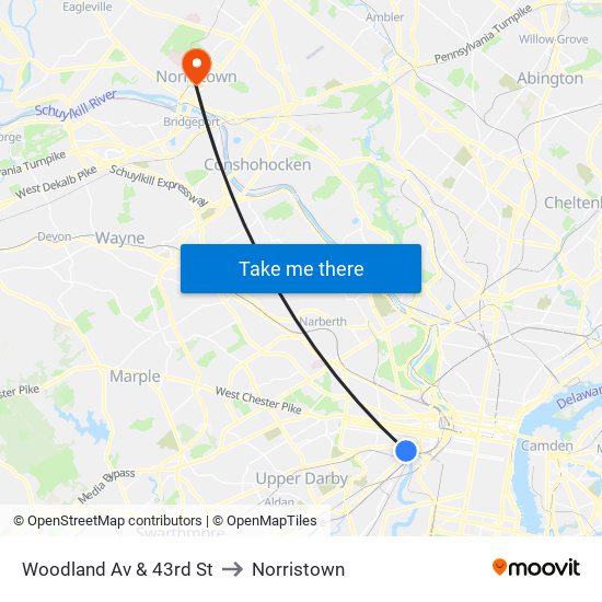 Woodland Av & 43rd St to Norristown map