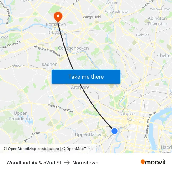 Woodland Av & 52nd St to Norristown map